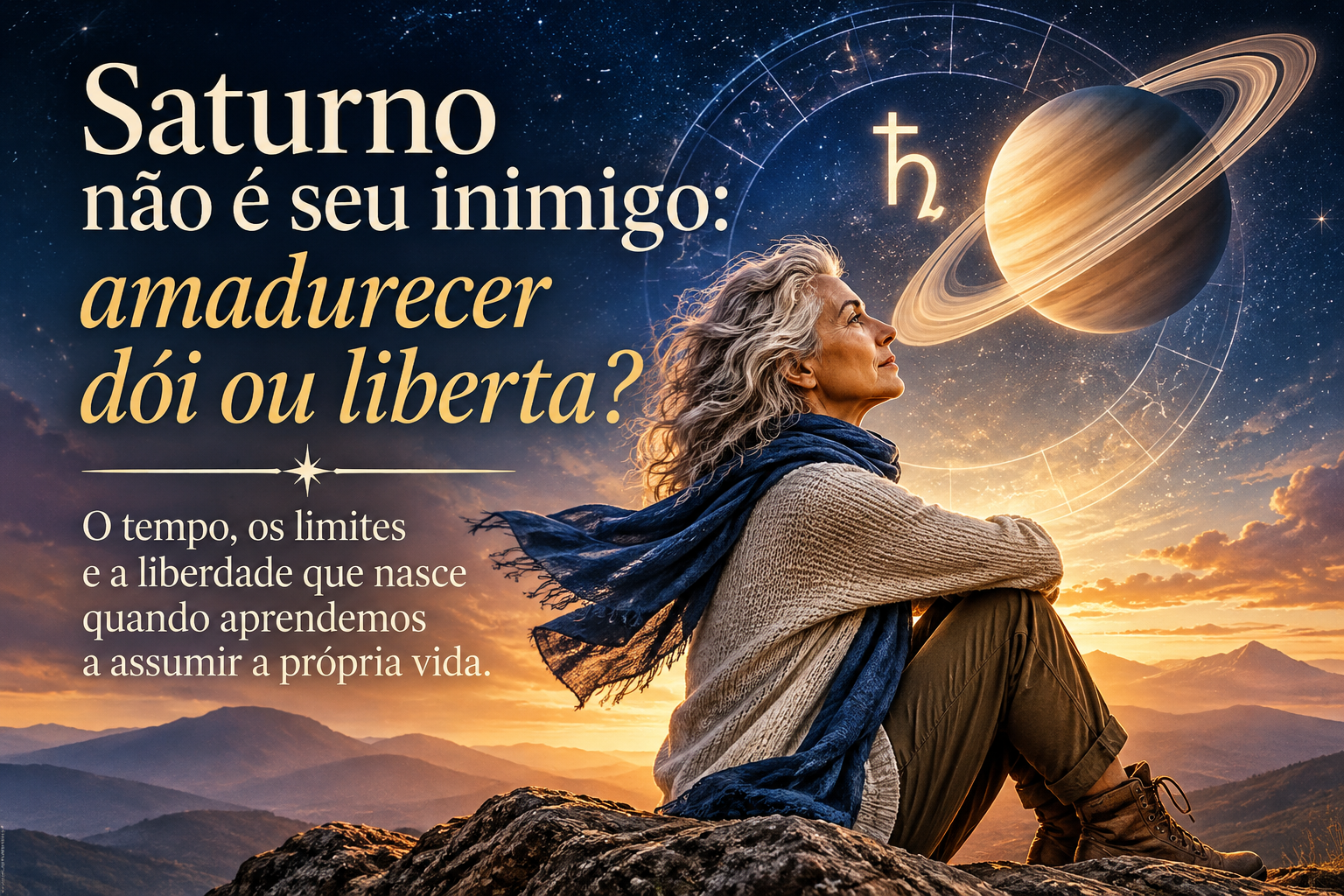 Mulher de cabelos grisalhos contempla Saturno sobre montanhas ao pôr do sol, em composição sobre amadurecimento e liberdade
